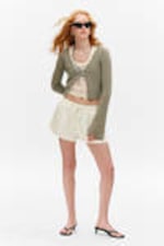 Khaki Green - Ribbed Tie-Front Cardigan - 1