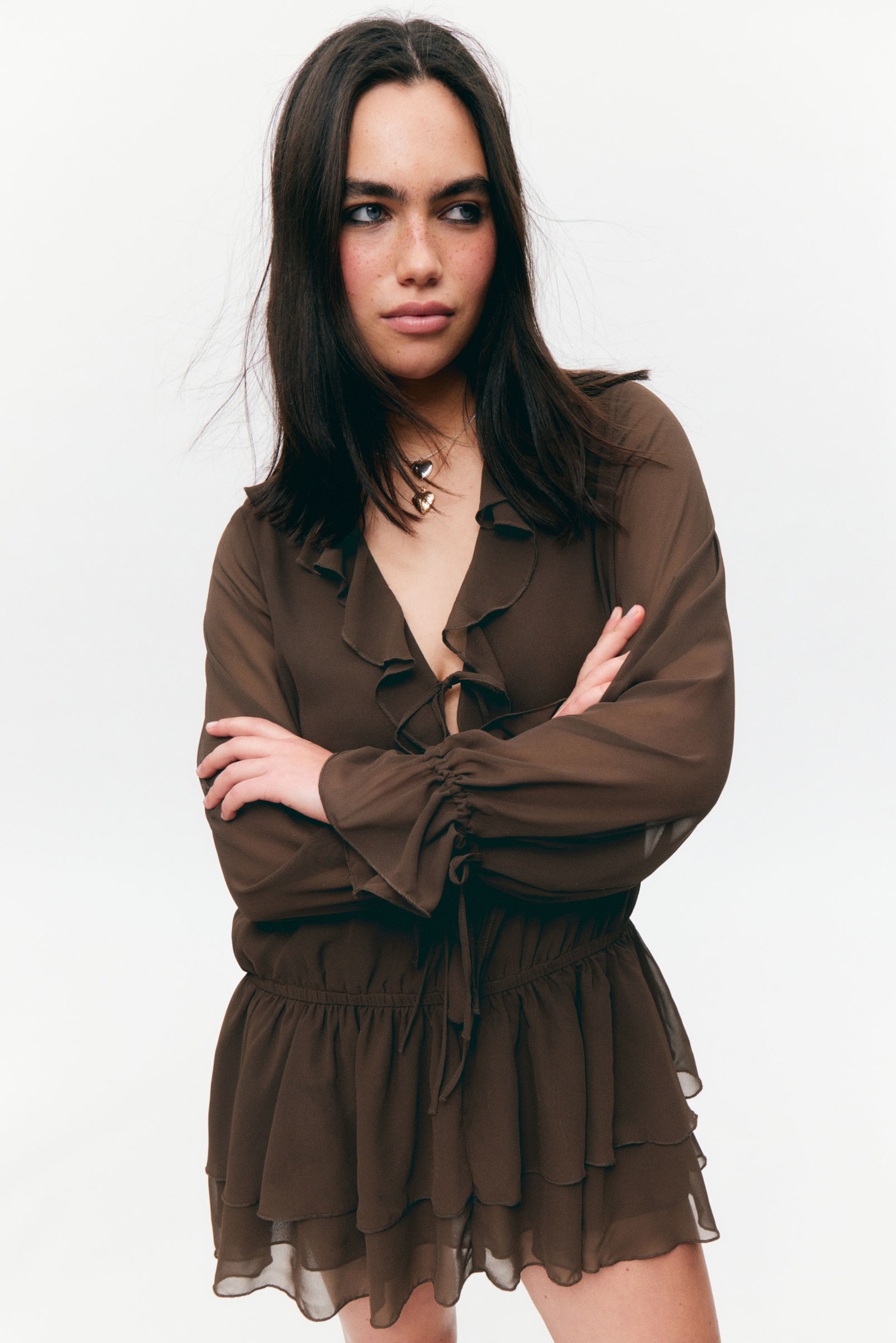 #443B33 - Frilled V-neck Mini Dress - 2