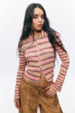 Pink Multi Stripe - Flare-Sleeved Rib-Knitted Cardigan - 0
