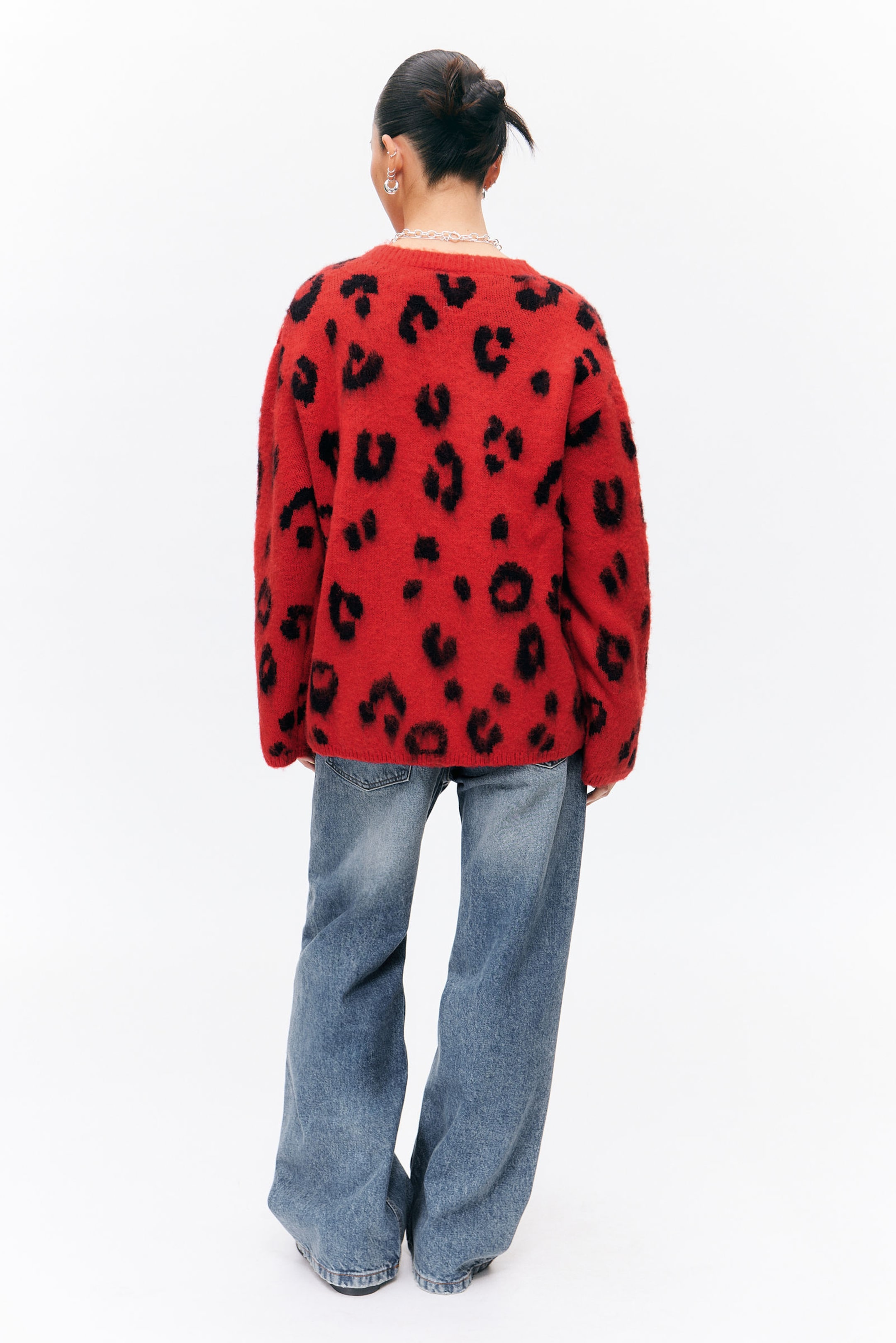 Red - Leopard - Fluffy knit cardigan - 3