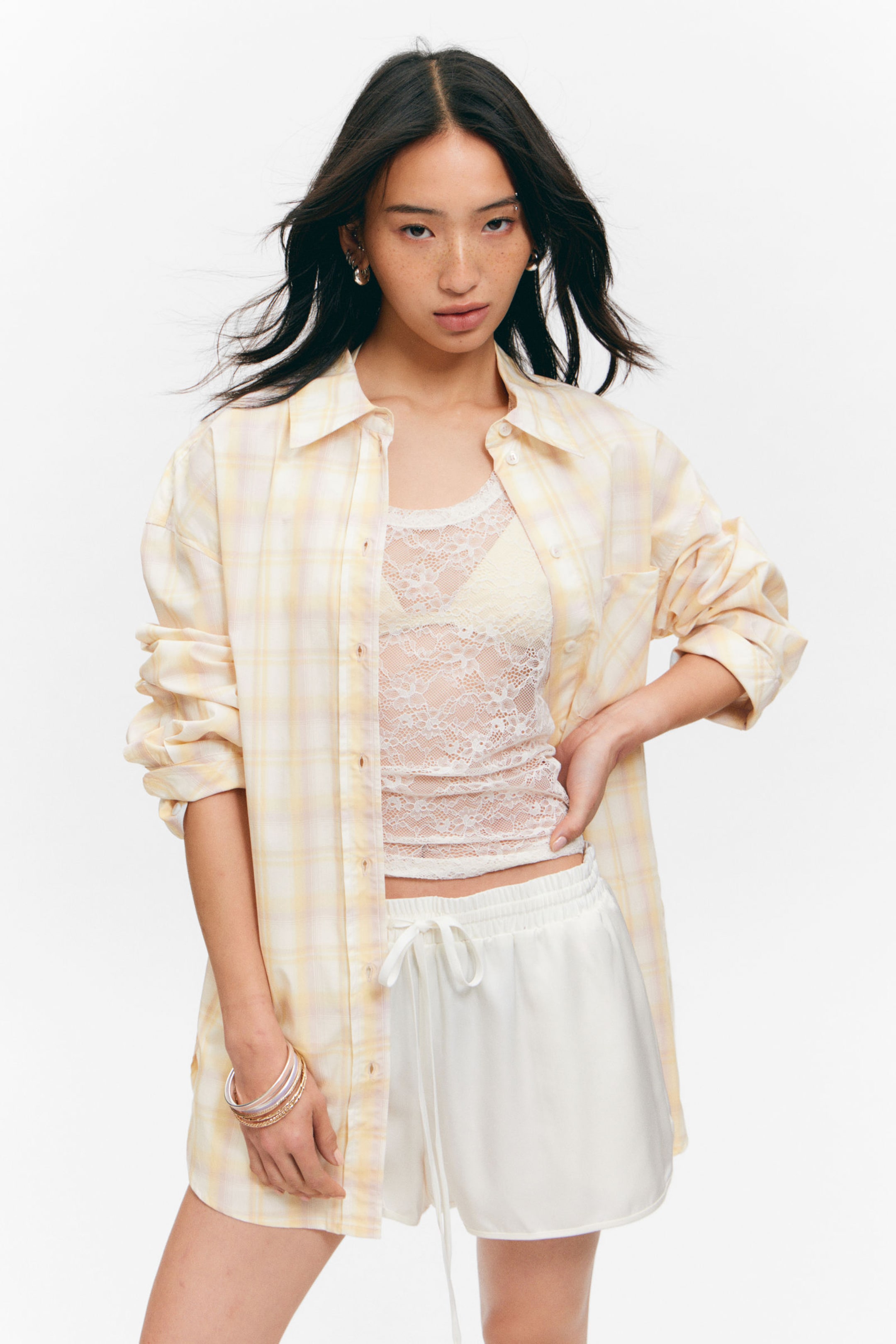 Checked Light Yellow - Long-Sleeved Oversized Poplin Shirt - 1