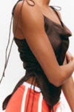 Dark Brown - Asymmetric Satin Strap Top - 1
