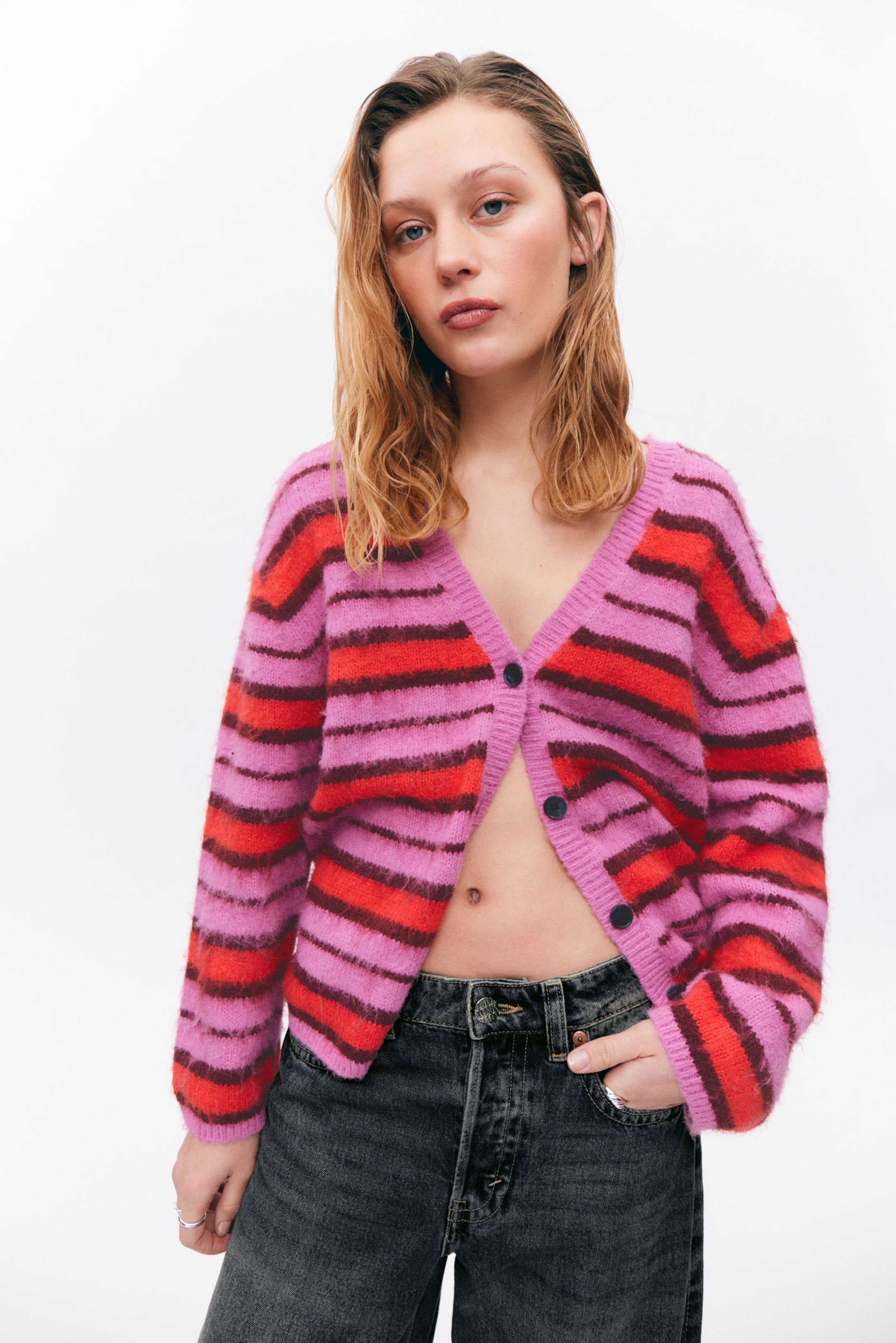 Pink & Red Stripe - Fluffy knit cardigan - 2