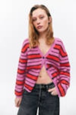 Pink & Red Stripe - Fluffy knit cardigan - 2