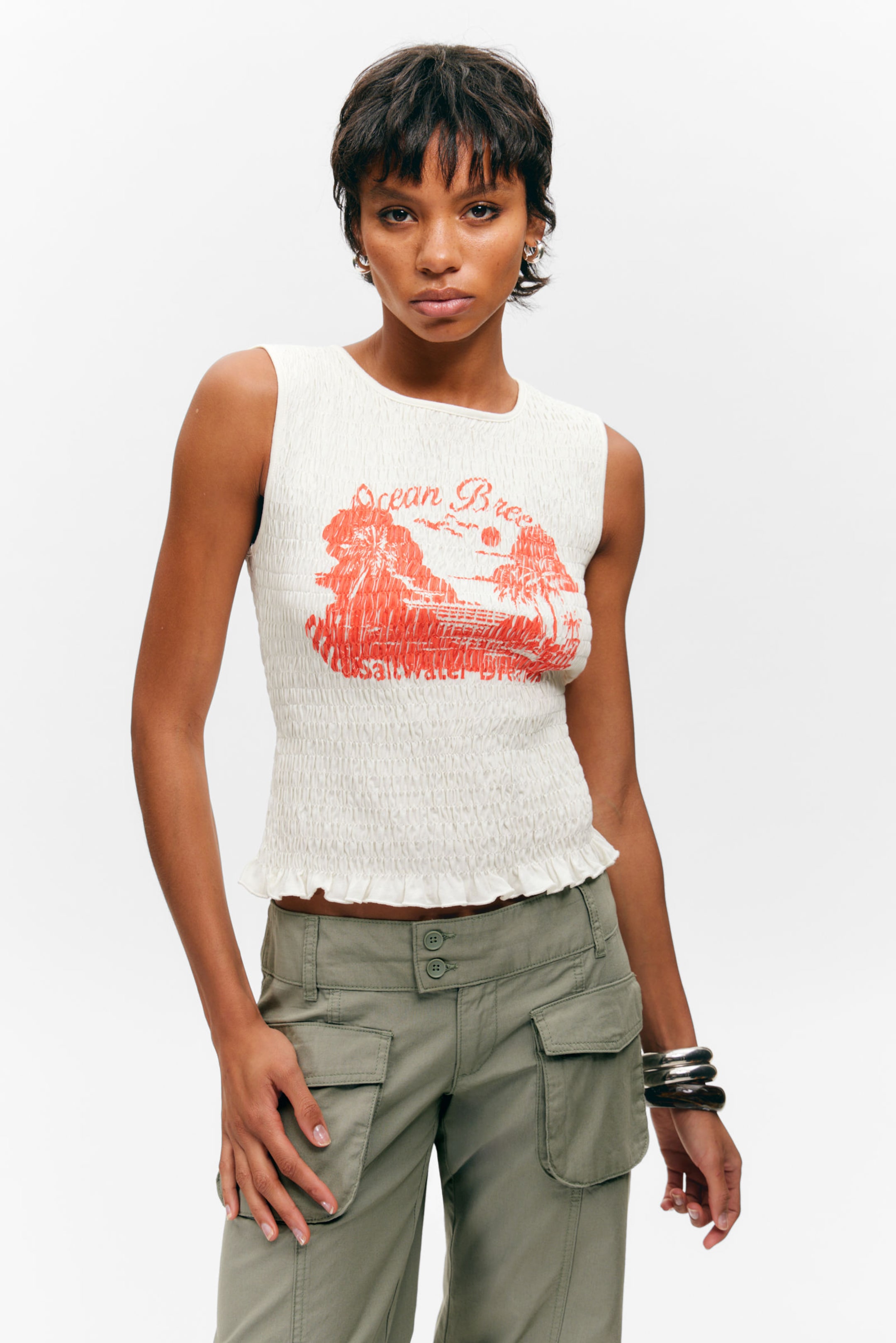 #ECE9E2 - Smocked Slim-Fit Tank Top - 1