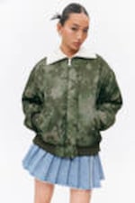 Dark Khaki - Floral - Loose Reversible Bomber Jacket - 2