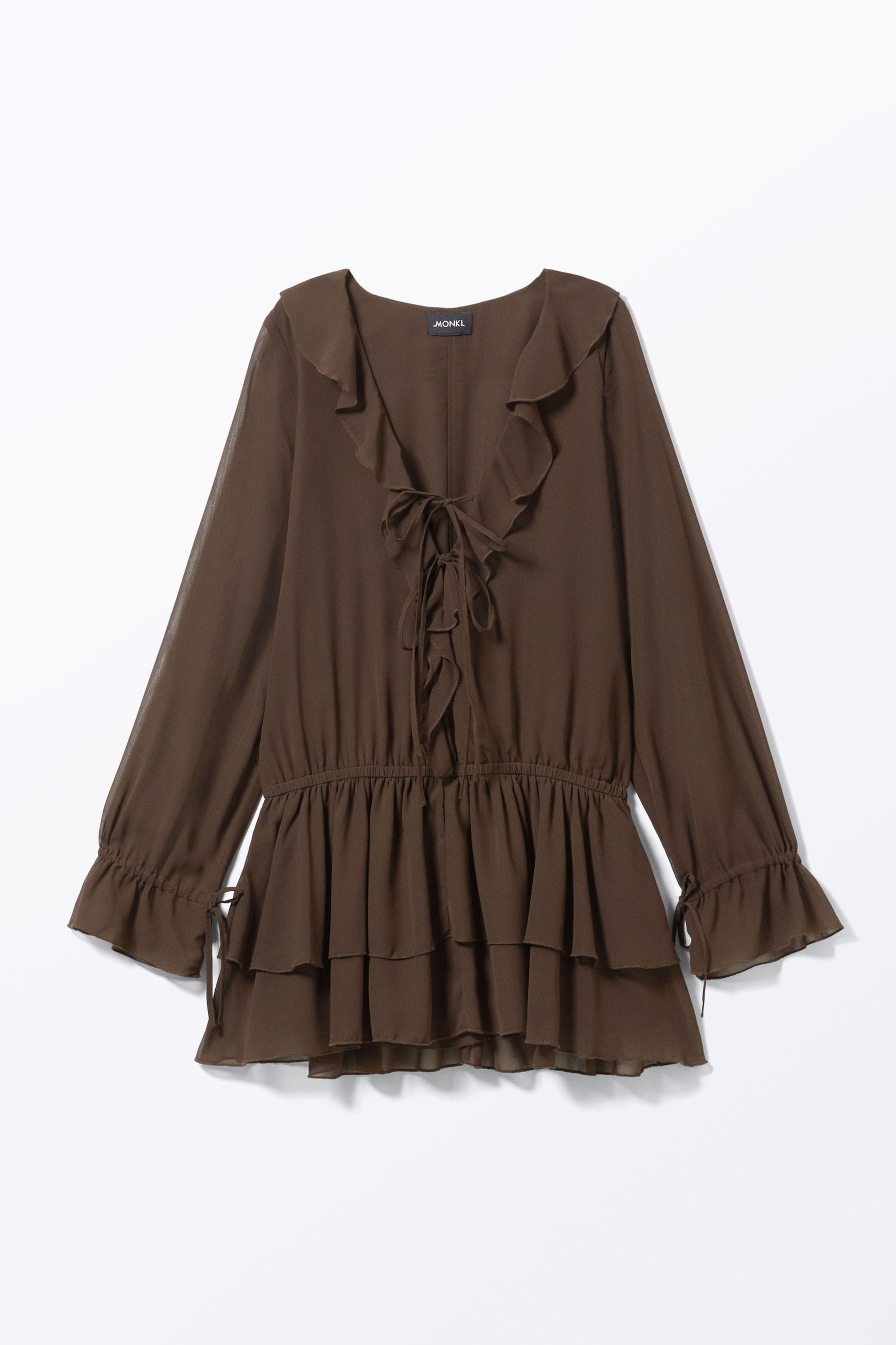 Dark Brown - Frilled V-neck Mini Dress - 4