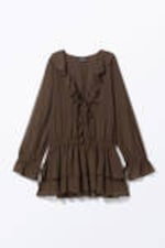 Dark Brown - Frilled V-neck Mini Dress - 4