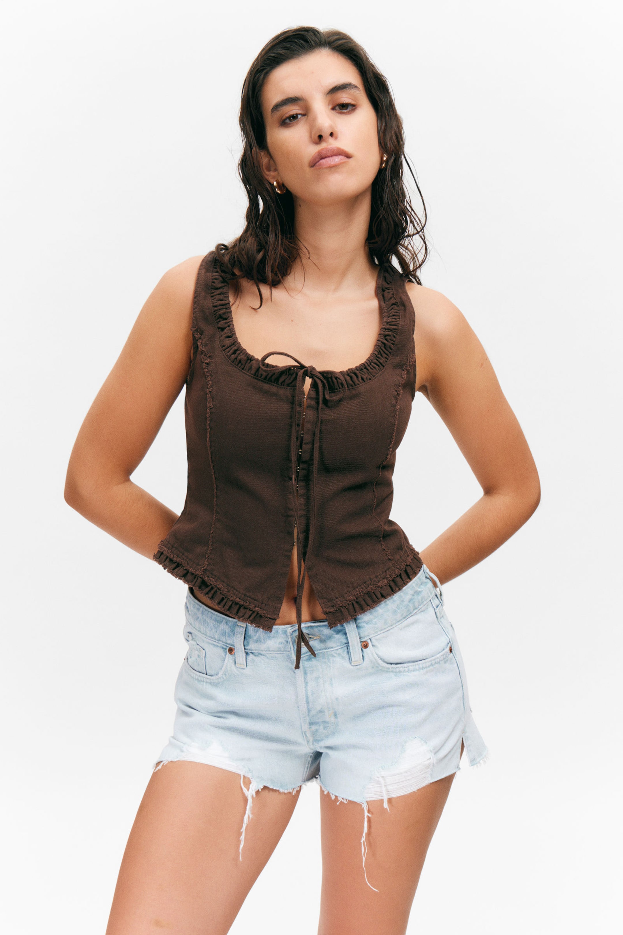 #423935 - Frill-Trim Twill Corset Top - 1