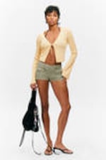 Light Yellow - Ribbed Tie-Front Cardigan - 1