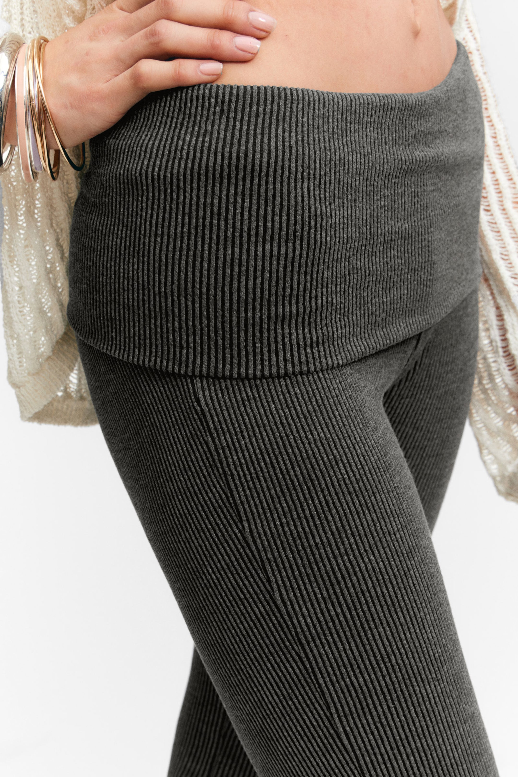 Dark Grey - Low Waist Flared Ribbed Trousers - 2