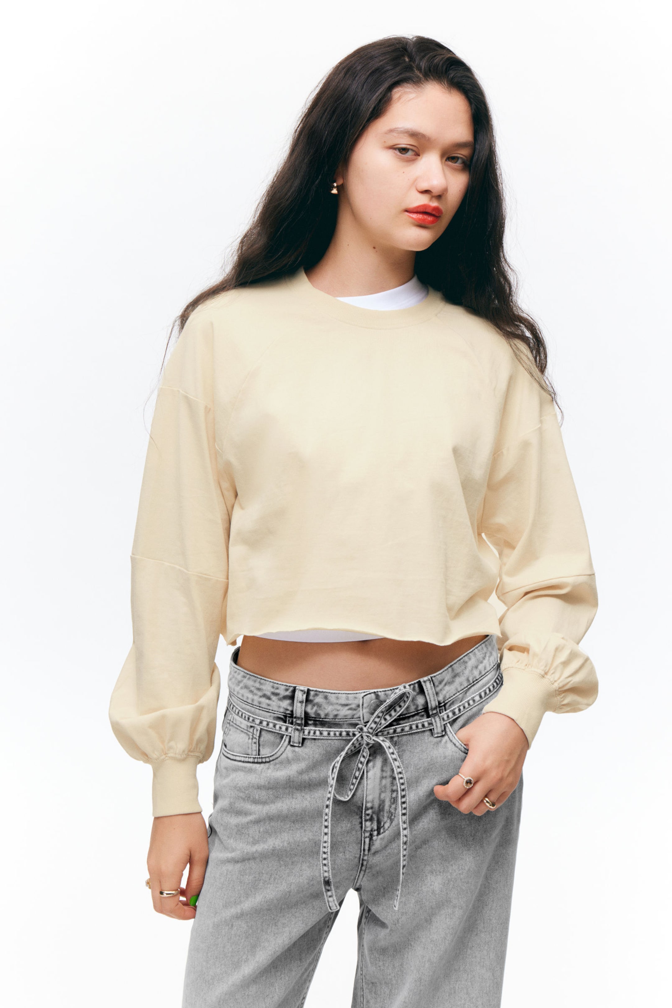 Light Beige - Cropped Long-Sleeved T-shirt - 0