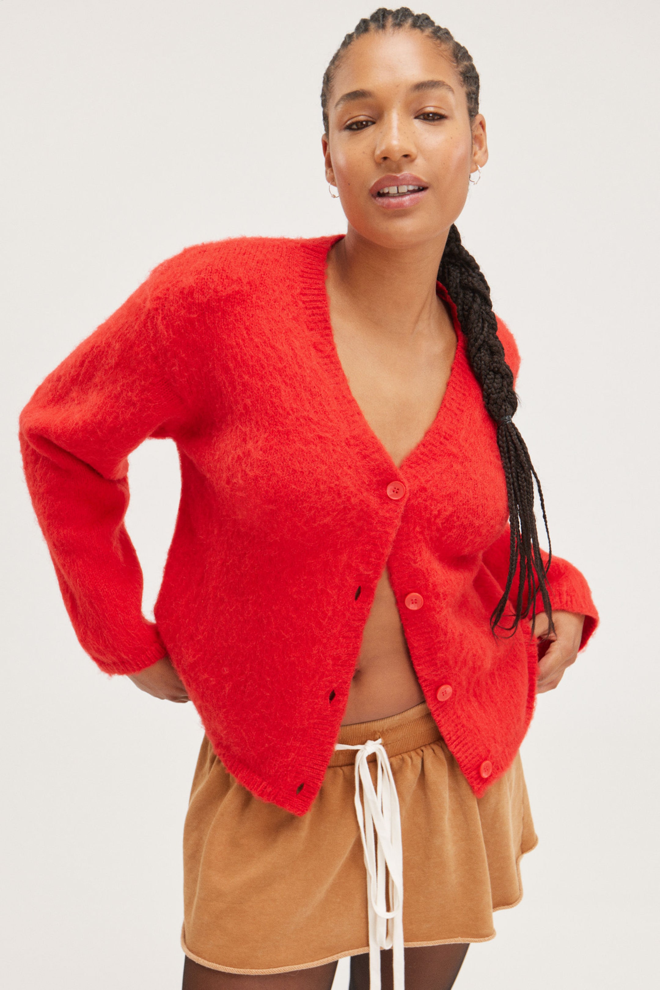 Red - Fluffy knit cardigan - 0