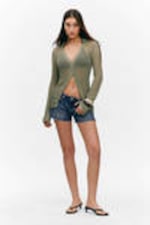 Khaki Green - Open-Knit V-neck Cardigan - 0