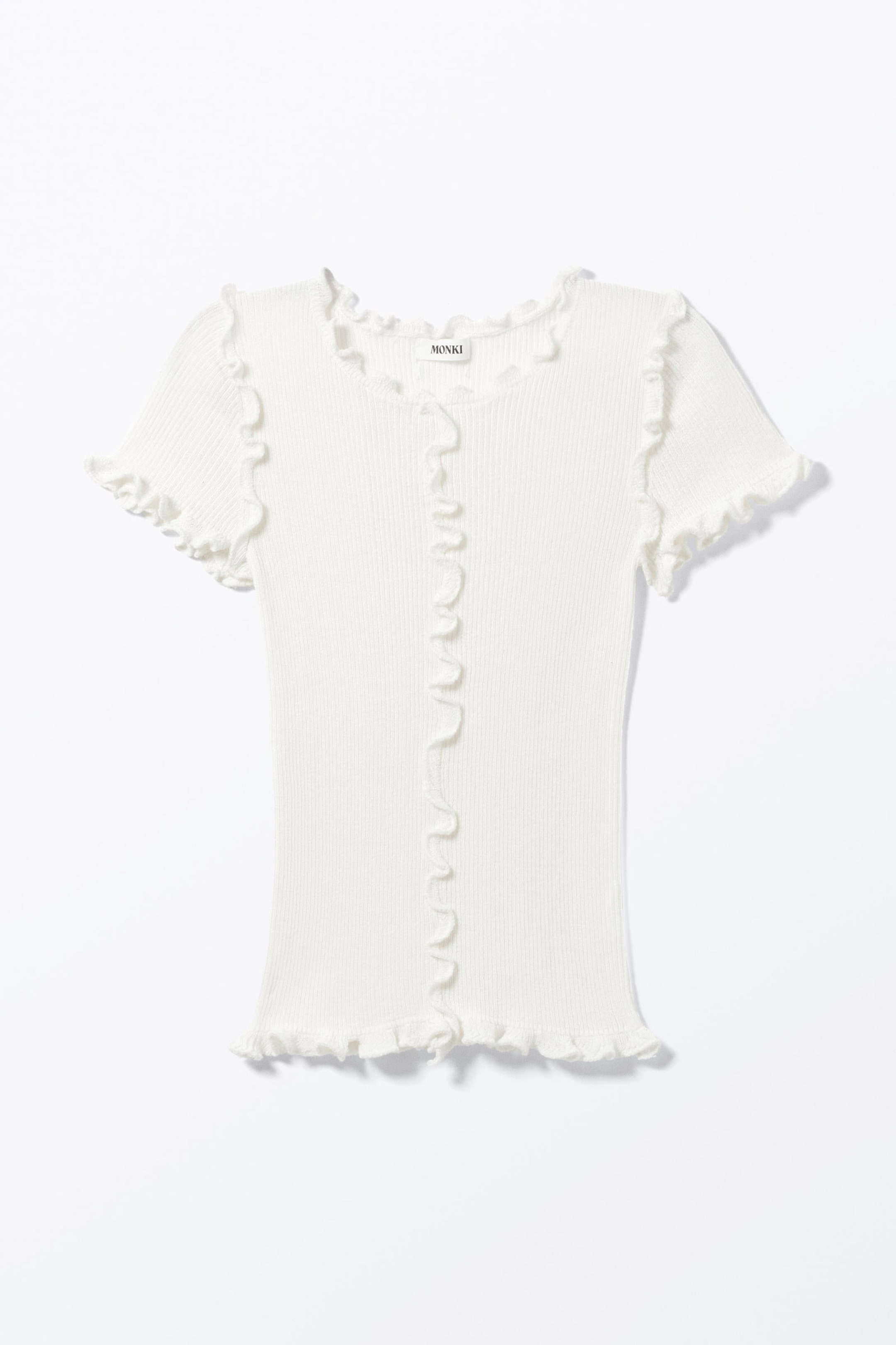 White - Frill-Edge Ribbed Knitted Top - 2