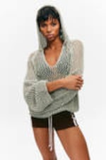 Light Khaki Green - Open-knit Hooded Sweater - 0