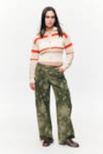 Khaki Green - Spray Flowers - Loose Fit Low Waist Twill Cargo Trousers - 0