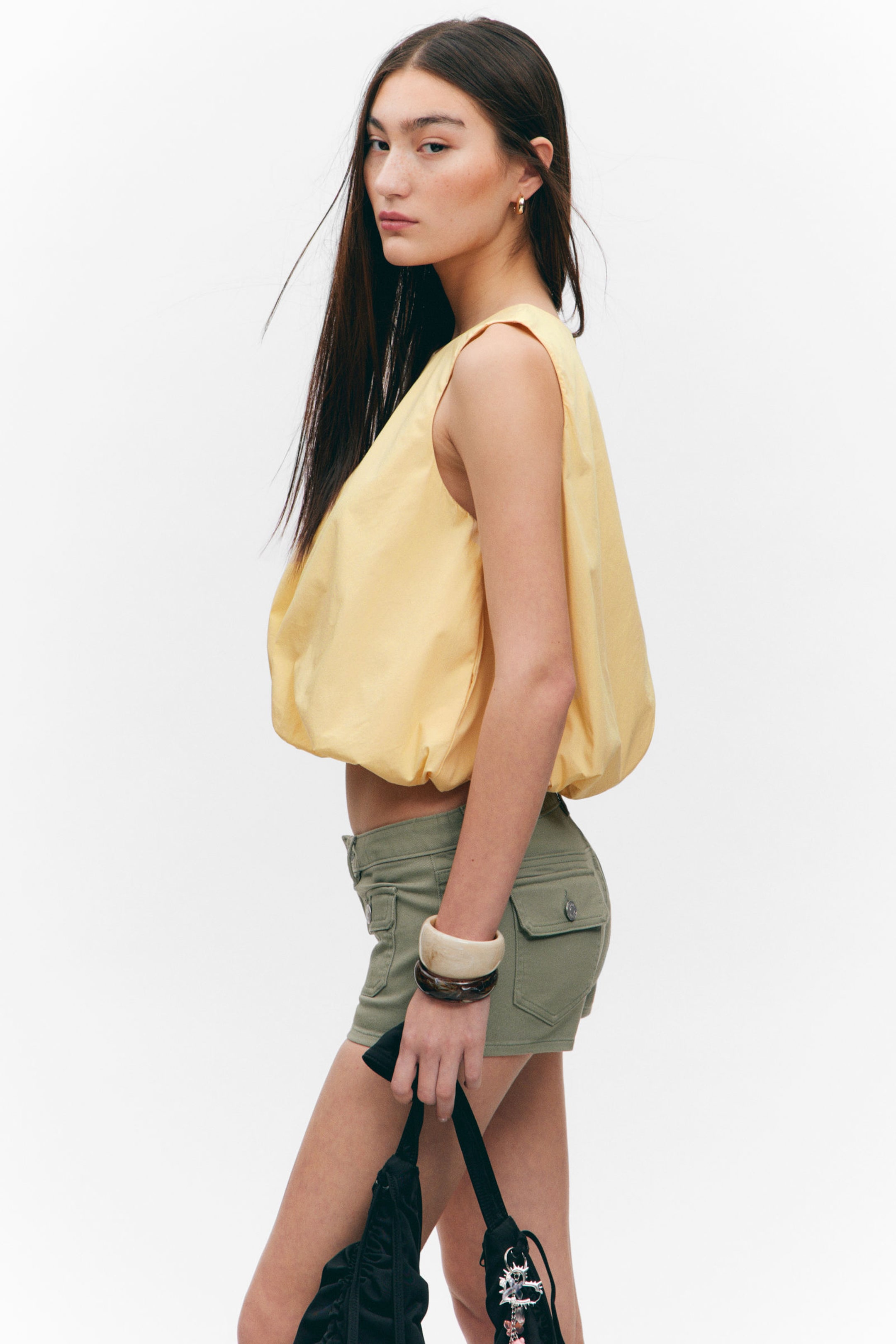 Light Yellow - Balloon Hem Sleeveless Poplin Top - 2