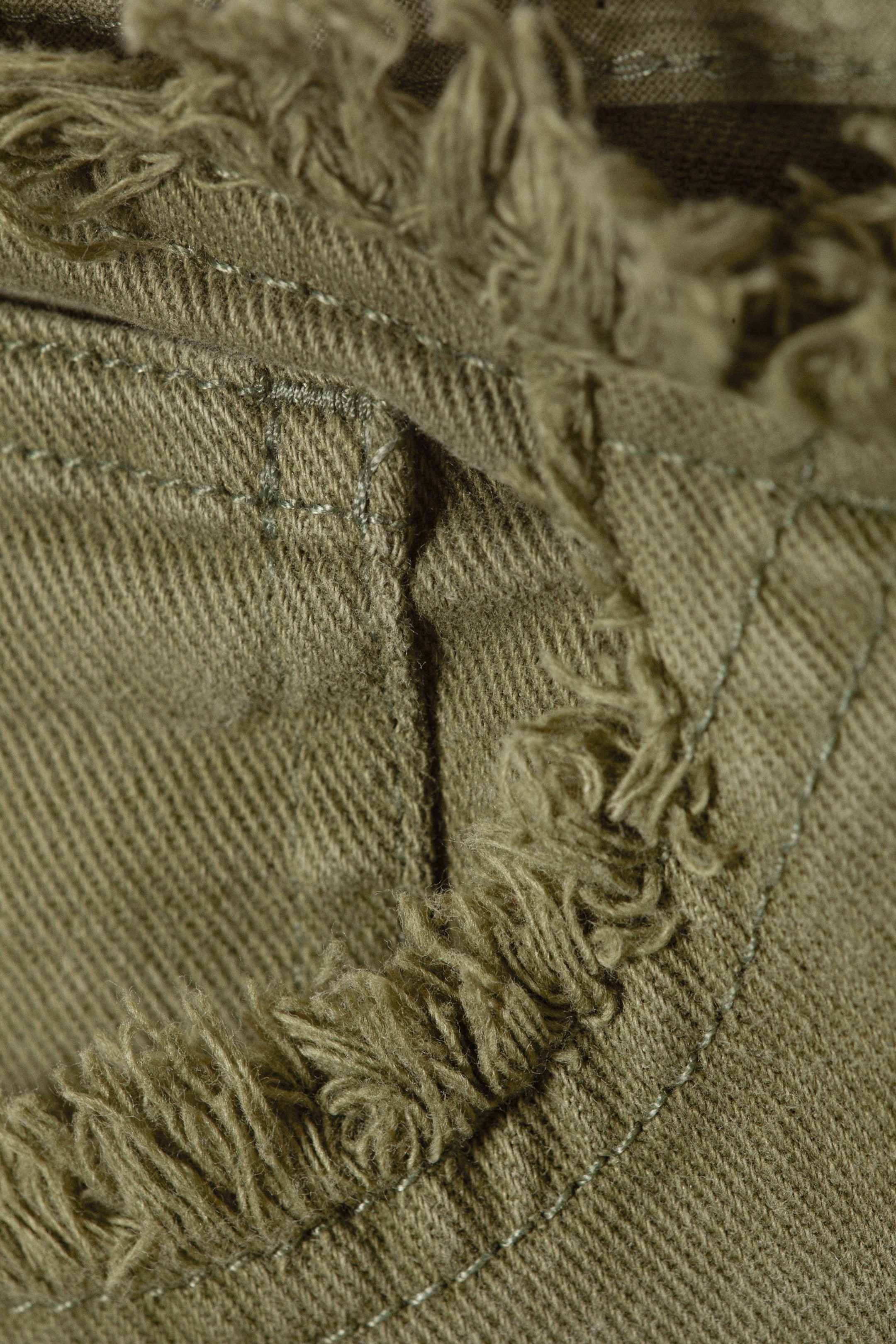 Dark Khaki Green - Frayed Low Waist Twill Trousers - 4