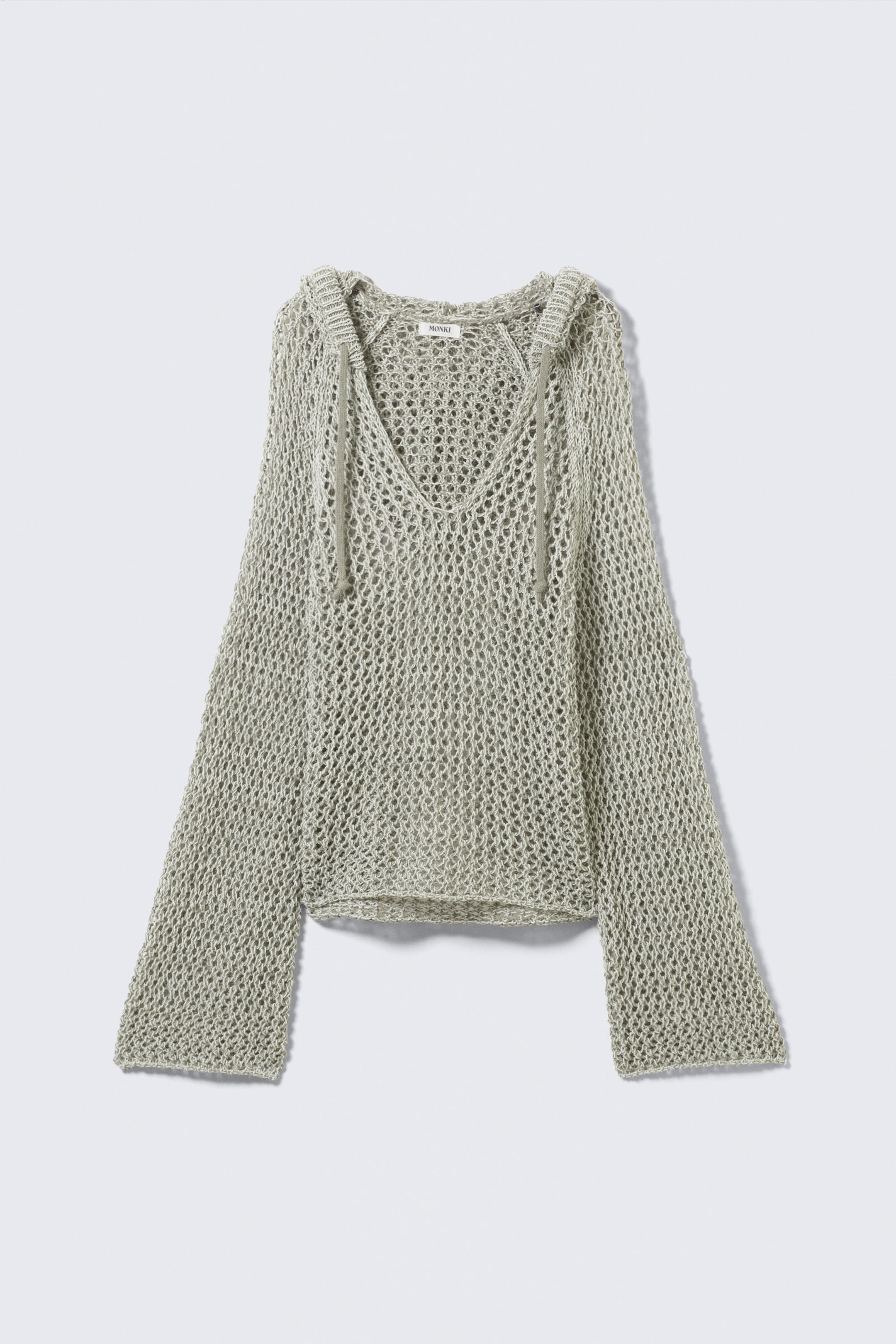 Light Khaki Green - Open-knit Hooded Sweater - 4