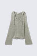 Light Khaki Green - Open-knit Hooded Sweater - 4