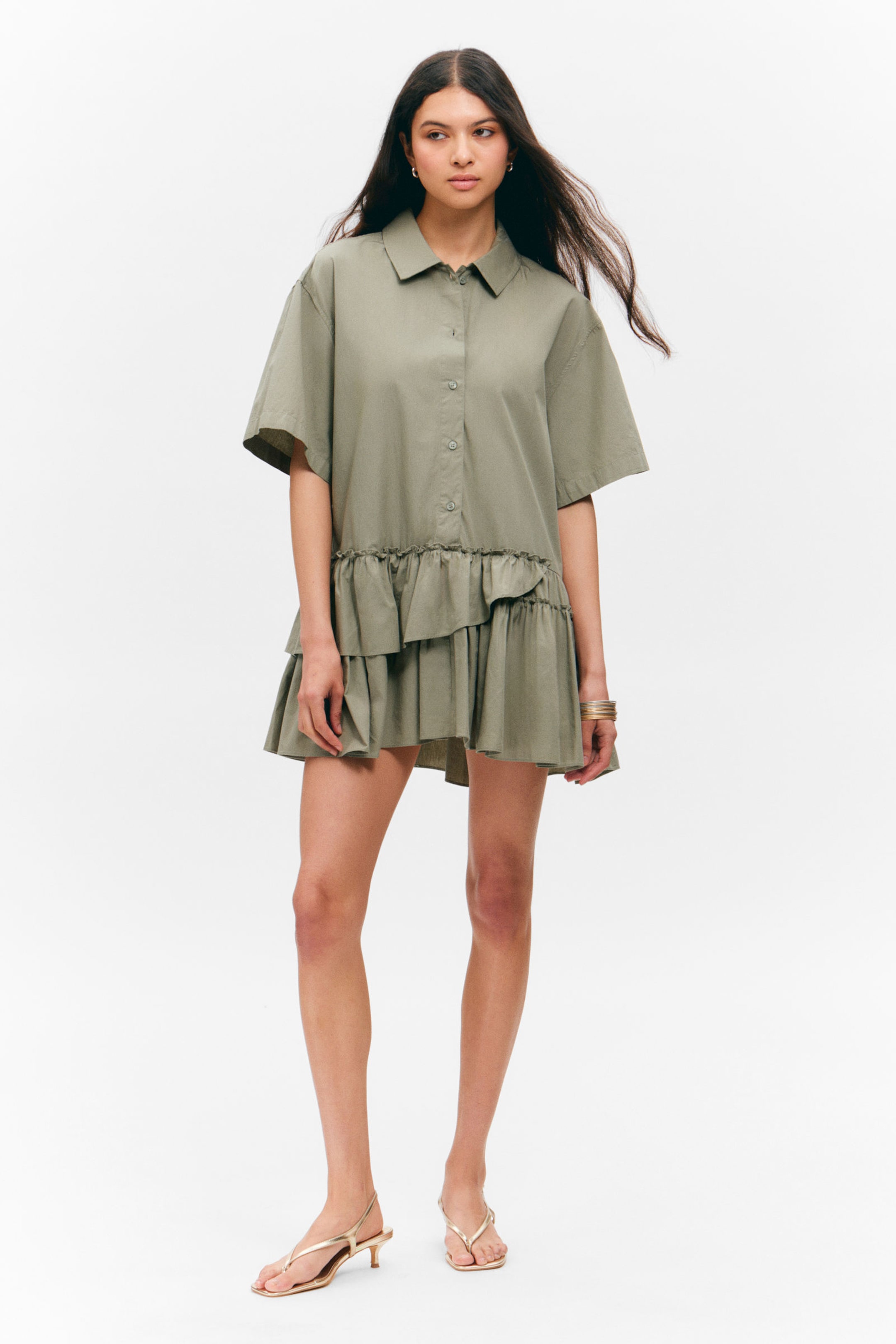 #8D8C81 - Oversized Ruffled Mini Shirt Dress - 1