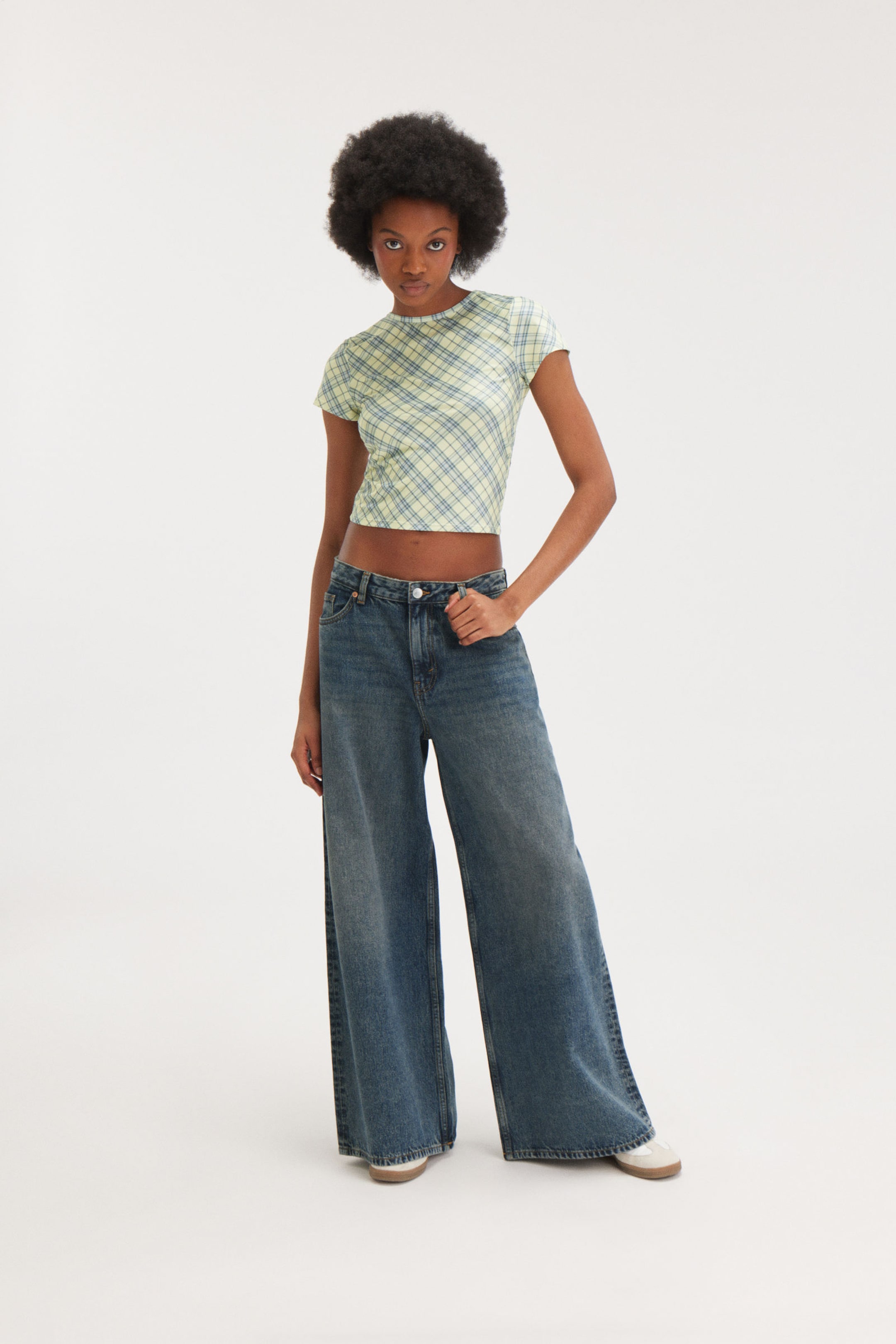 Yellow - Blue Check - Cropped t-shirt - 1