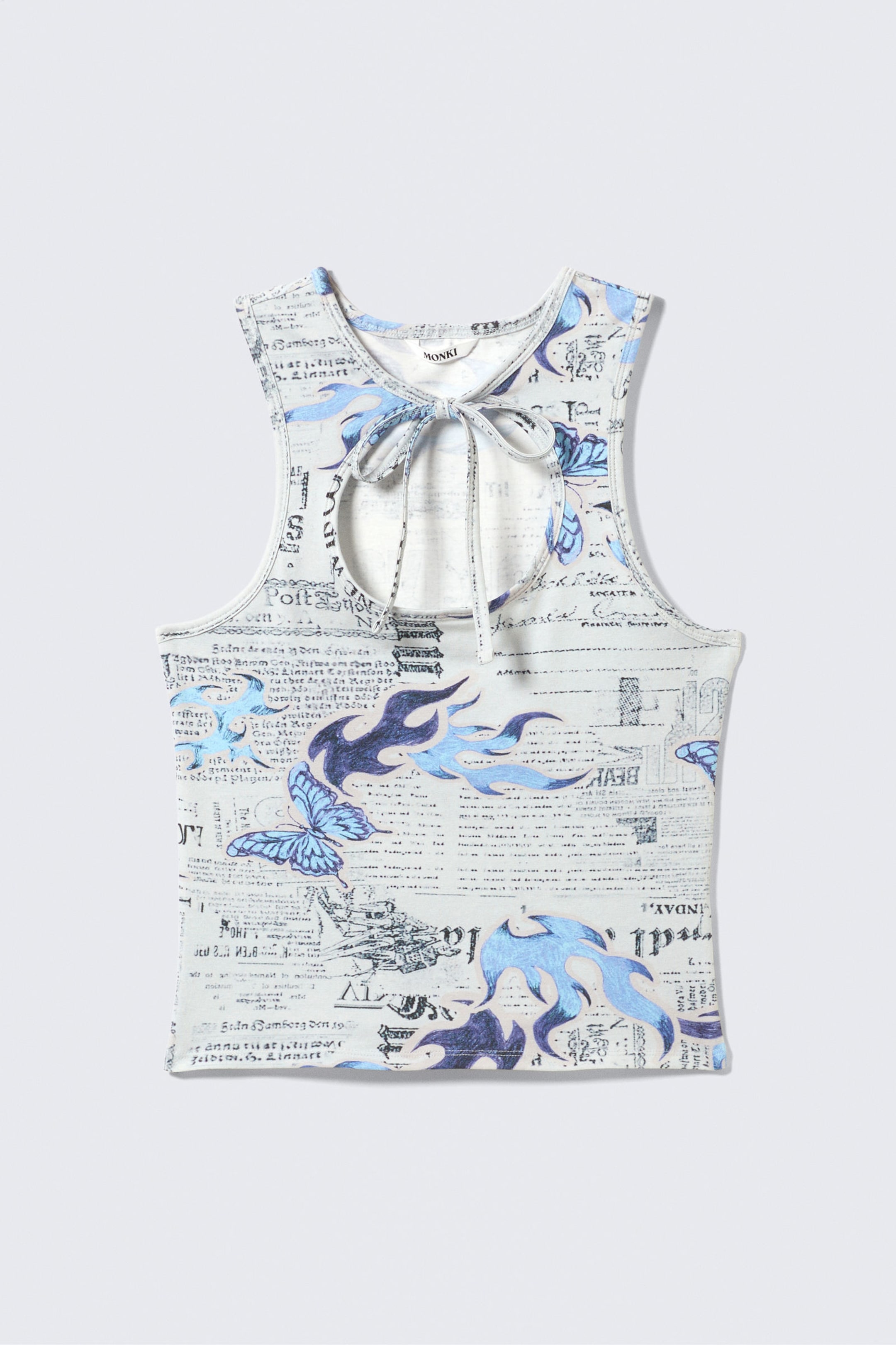 White Newspaper - Blue Flames - Tie-Front Cotton Tank Top - 4