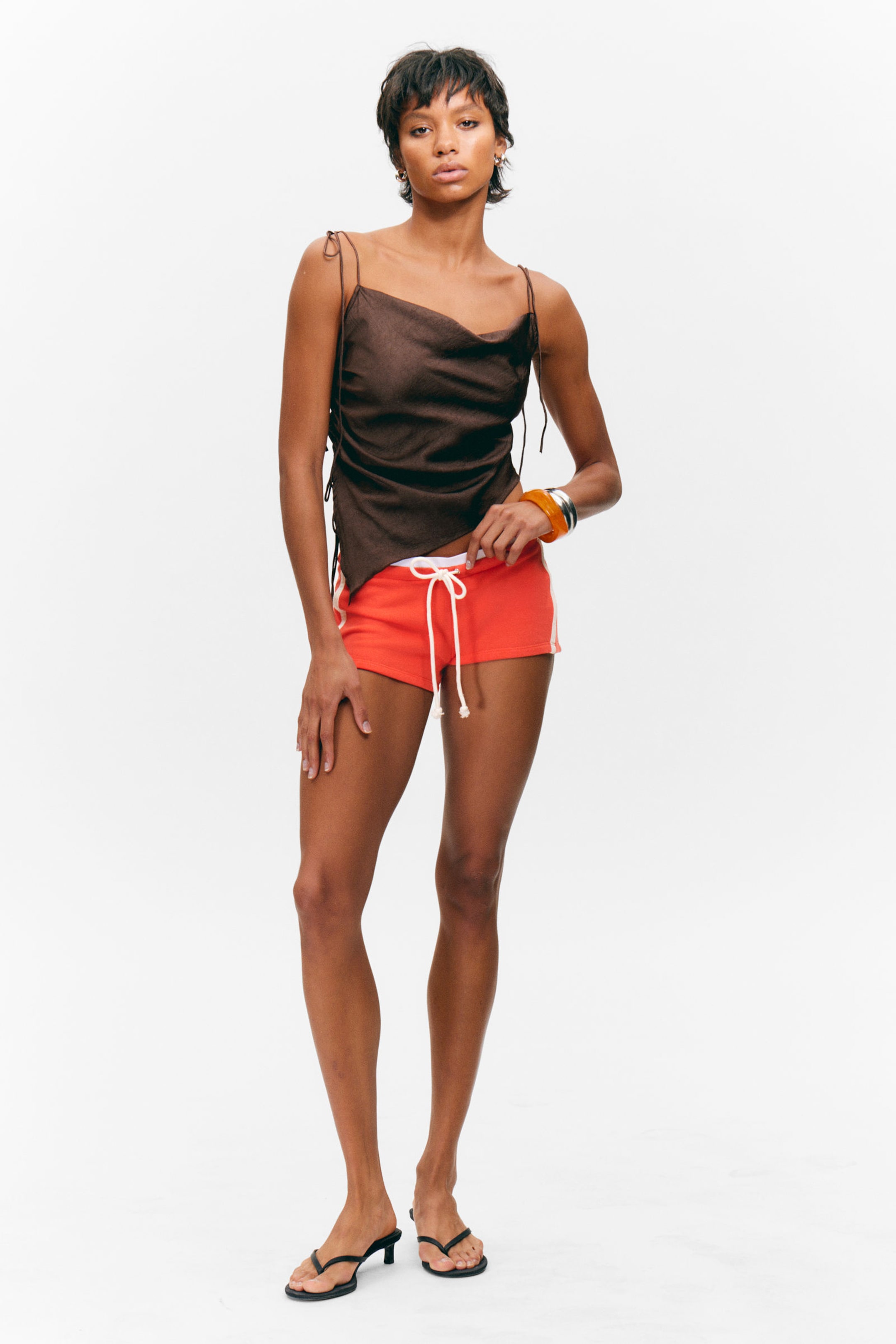 Dark Brown - Asymmetric Satin Strap Top - 2