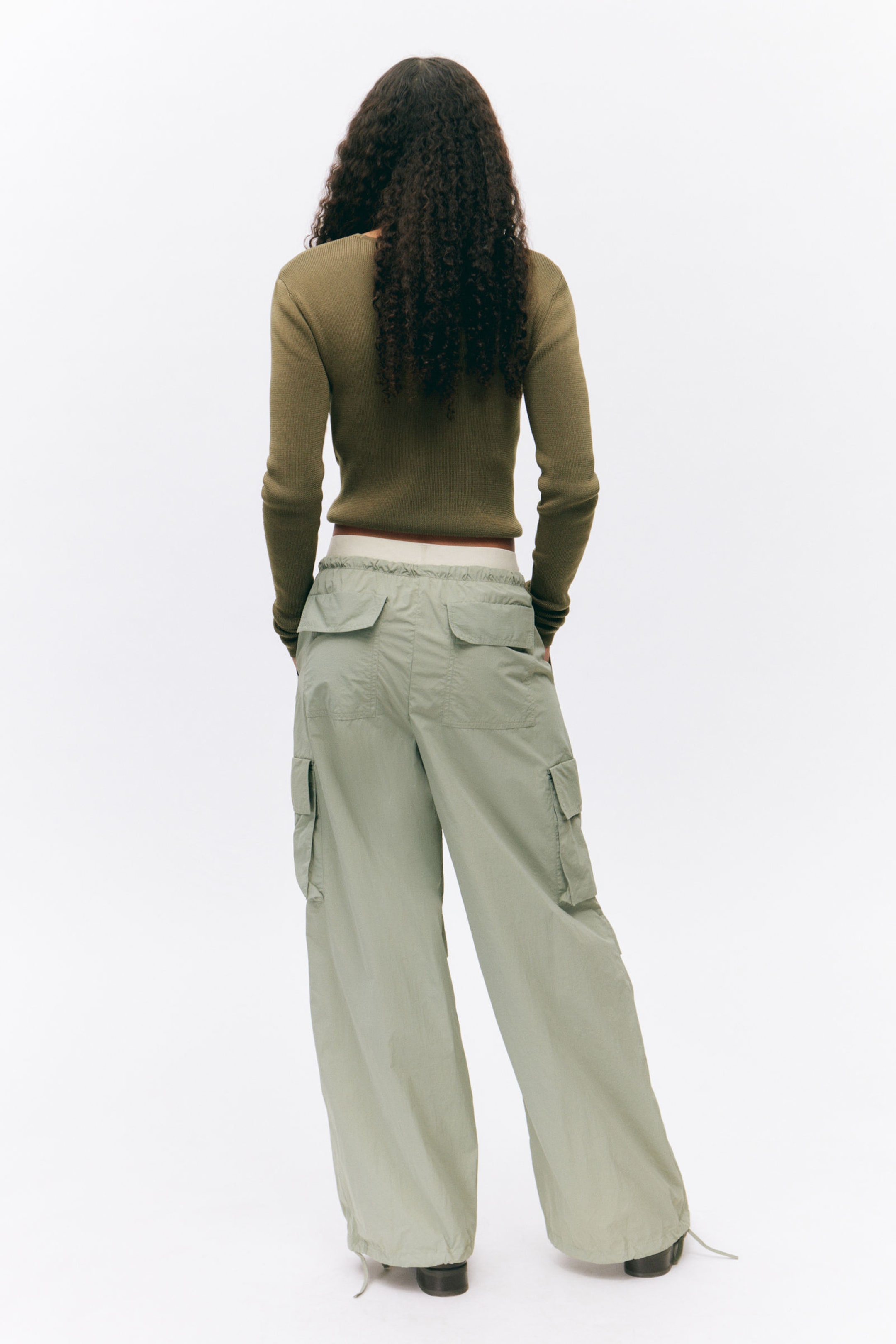 Light Khaki Green - Loose Nylon Cargo Trousers - 2