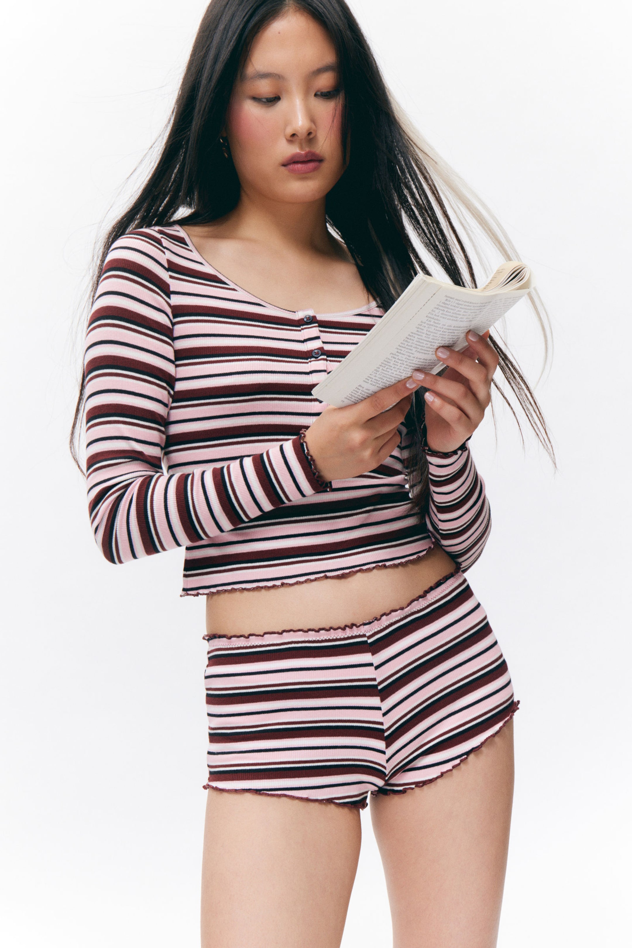 Dark Red & Pink Stripe - Ribbed Frilled Mini Shorts - 1