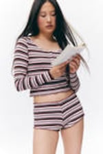 Dark Red & Pink Stripe - Ribbed Frilled Mini Shorts - 1