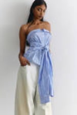 Striped Blue & Pink - Striped Off-Shoulder Tie Front Shirt Top - 0