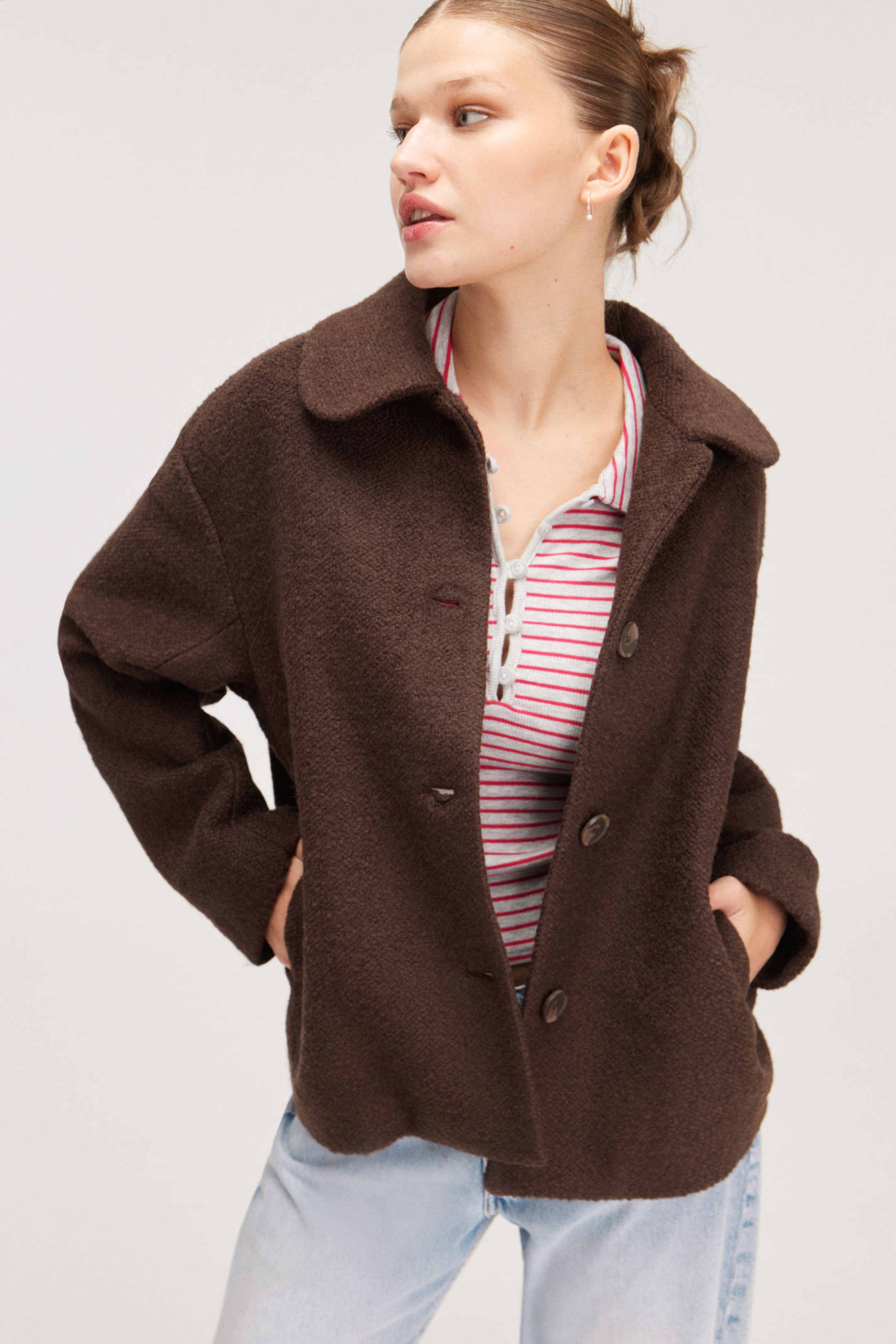 Dark Brown - Single-breasted Wool Blend Jacket - 1
