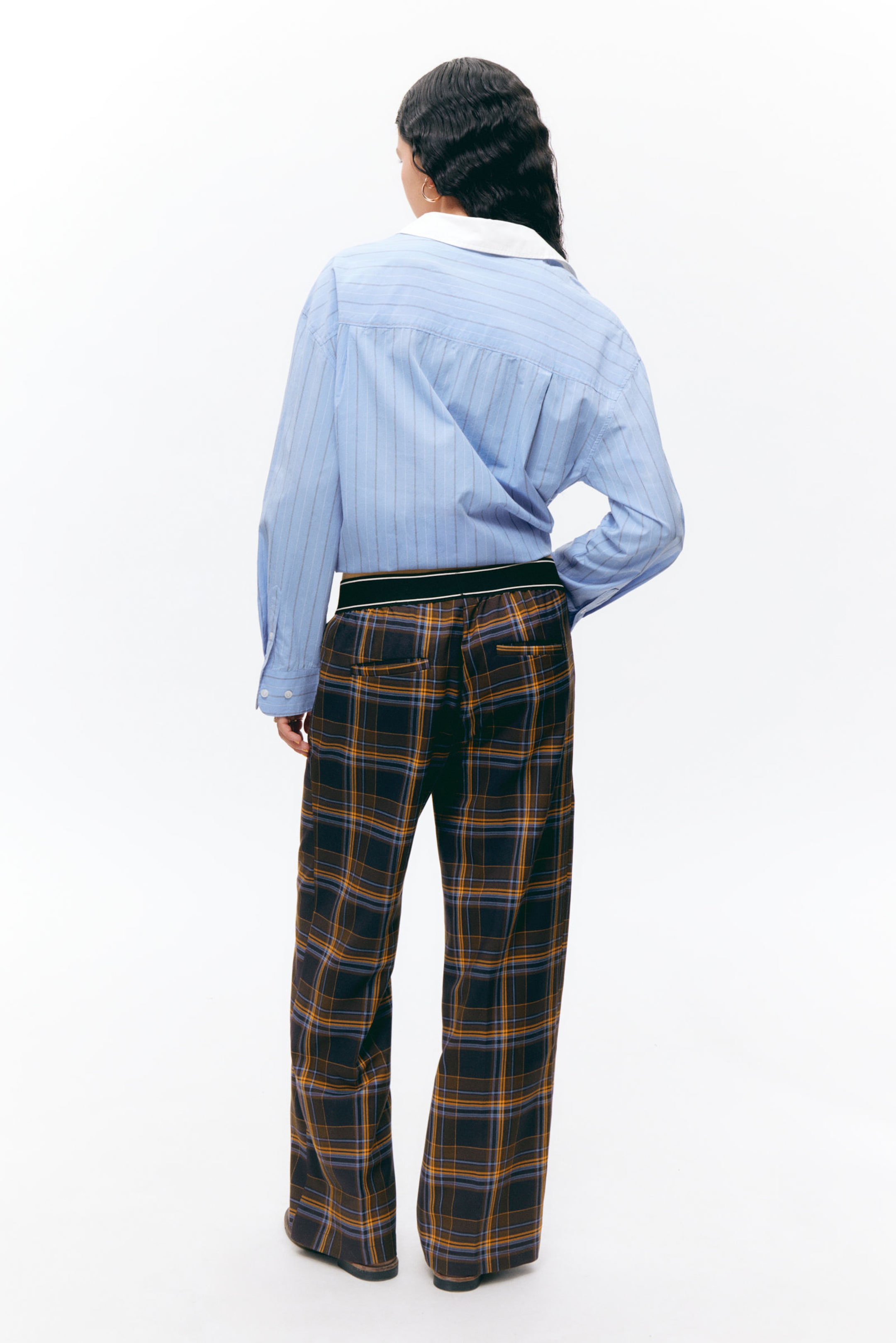Checked Dark Blue - Loose Elastic Suiting Trousers - 2