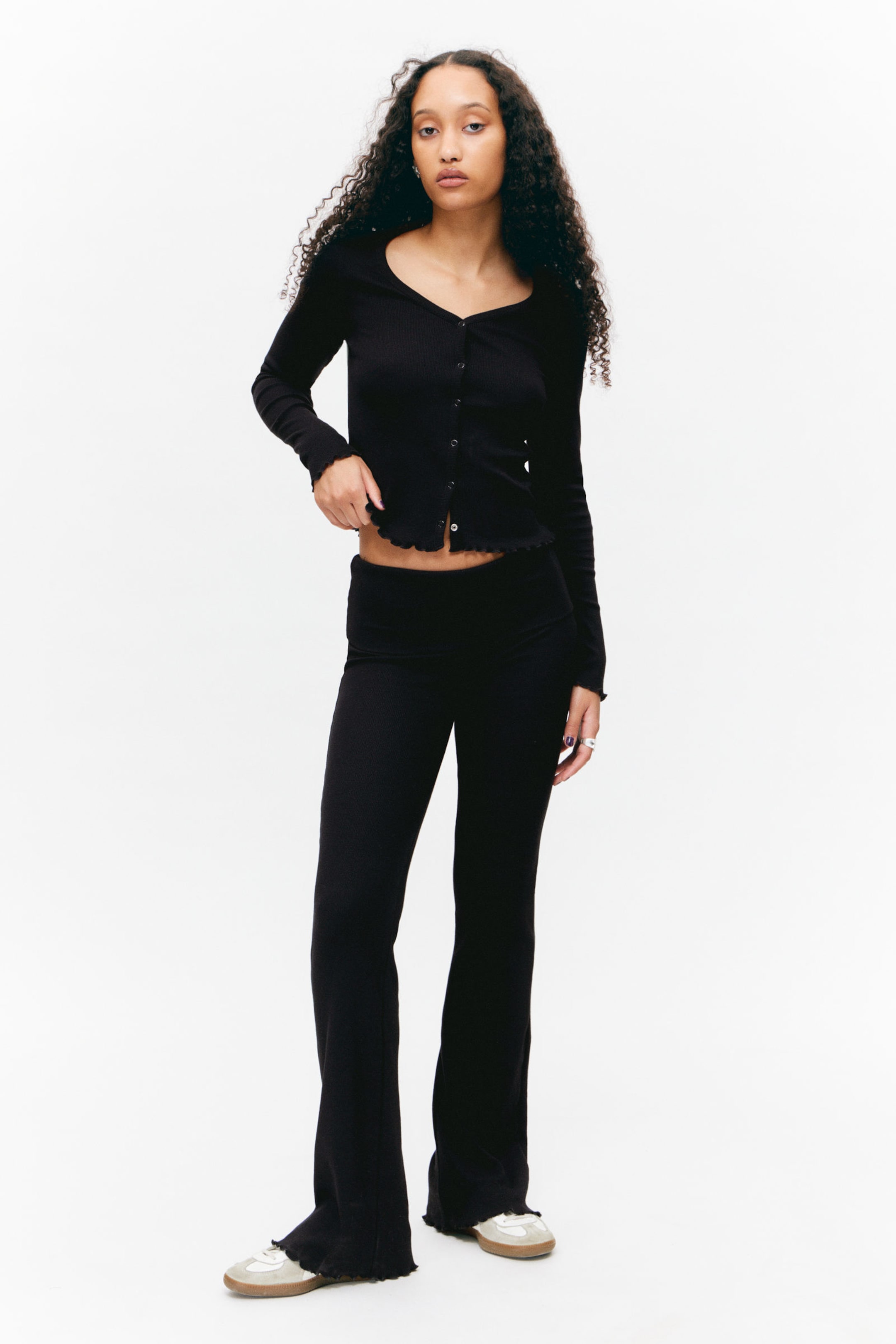 #272627 - Ribbed Fold-over Waist Flared Trousers - 1