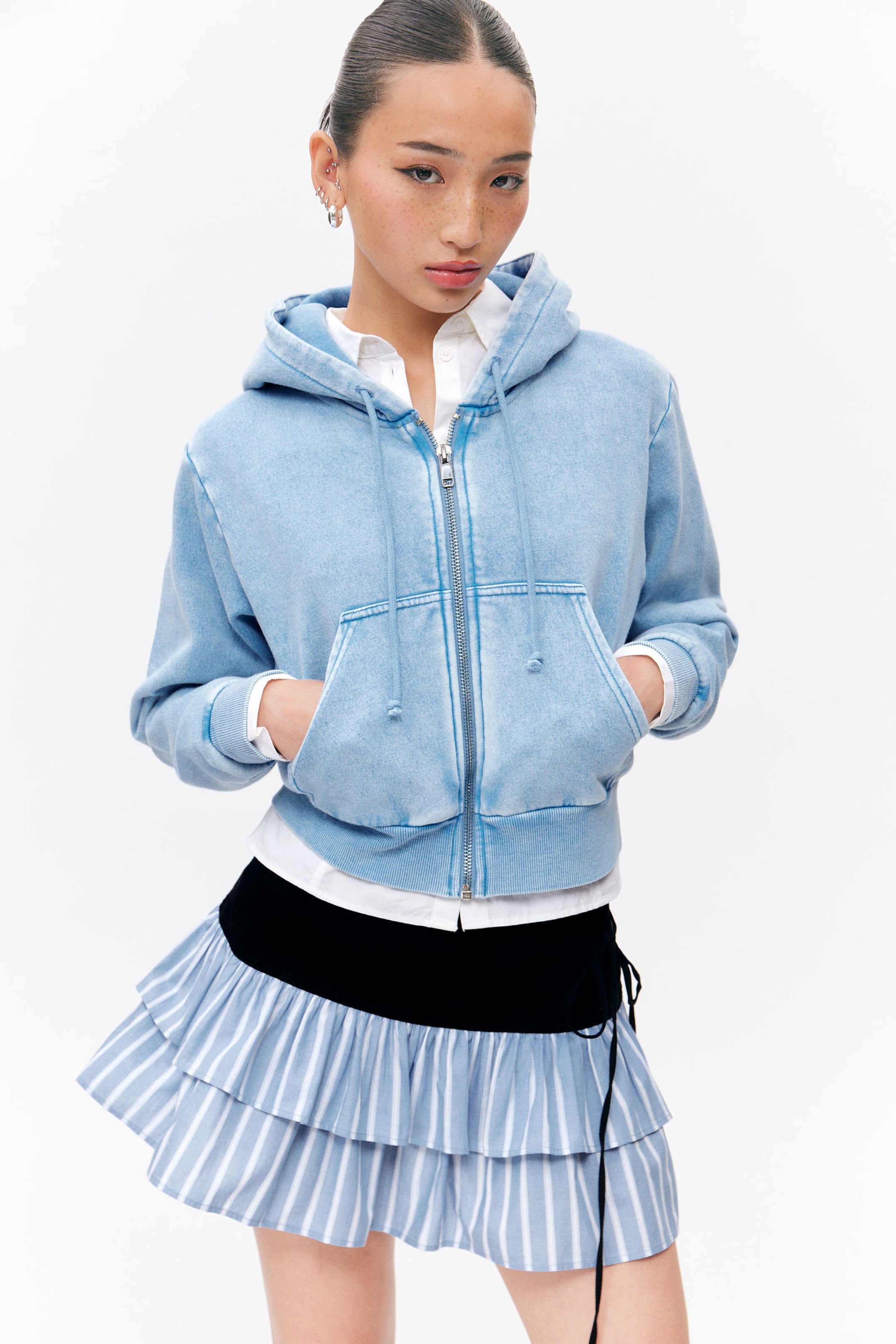 Washed Light Blue - Cropped Zip Hoodie - 0