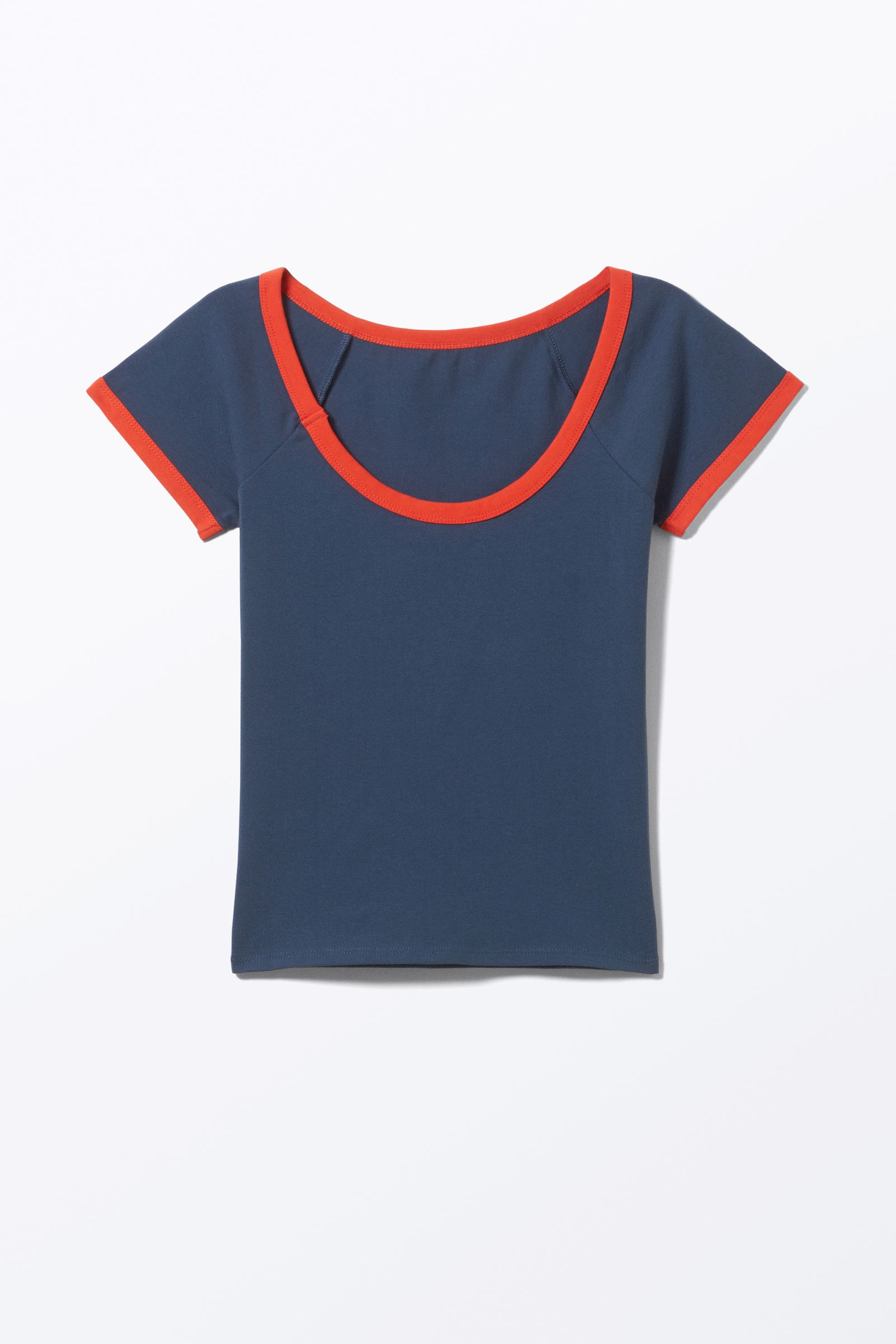 Dark Blue - Red Binding - Short-Sleeved Cowl Neck Top - 4