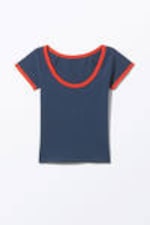 Dark Blue - Red Binding - Short-Sleeved Cowl Neck Top - 4