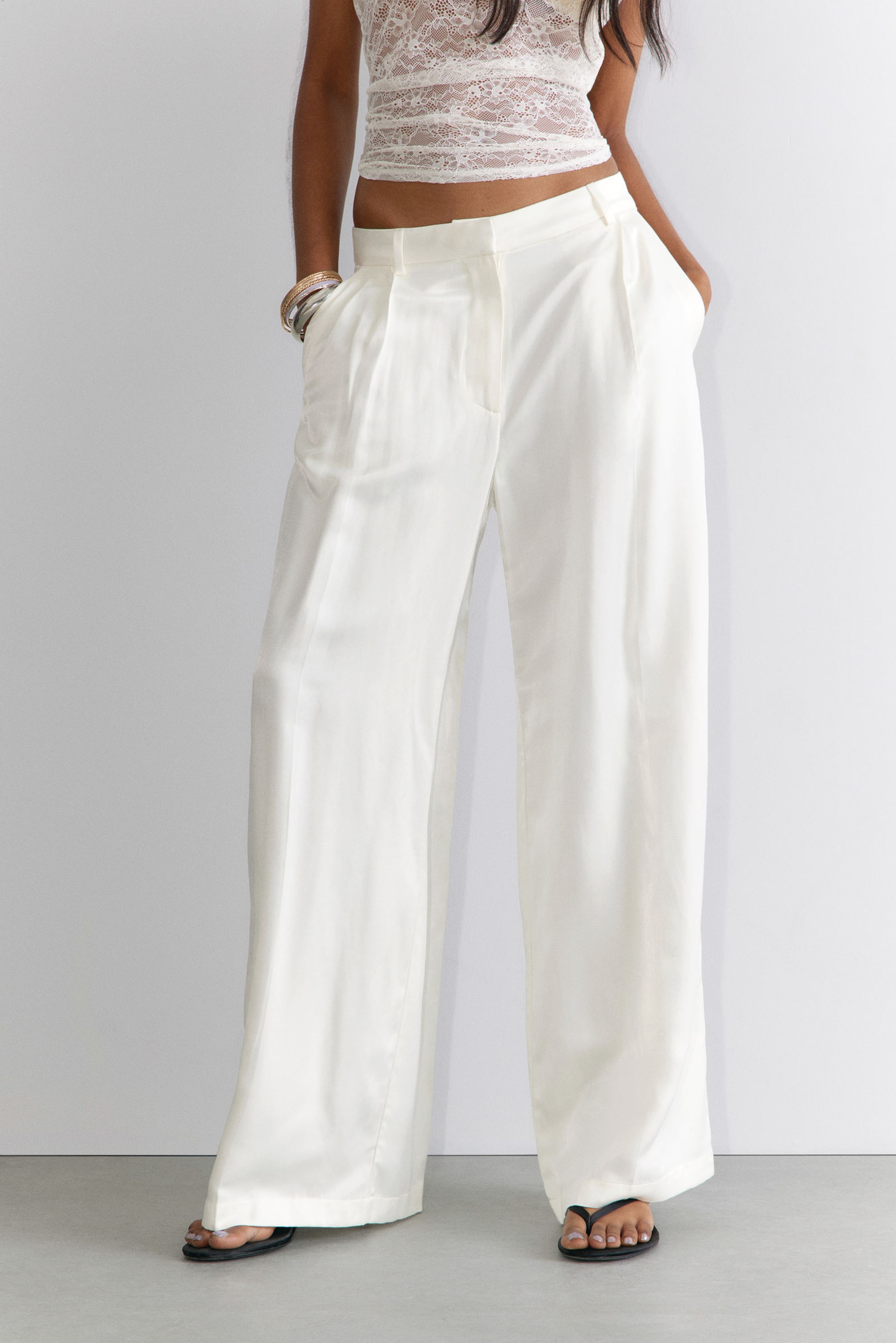 White Satin - Pleated High Waist Wide Leg Suiting Trousers - 1