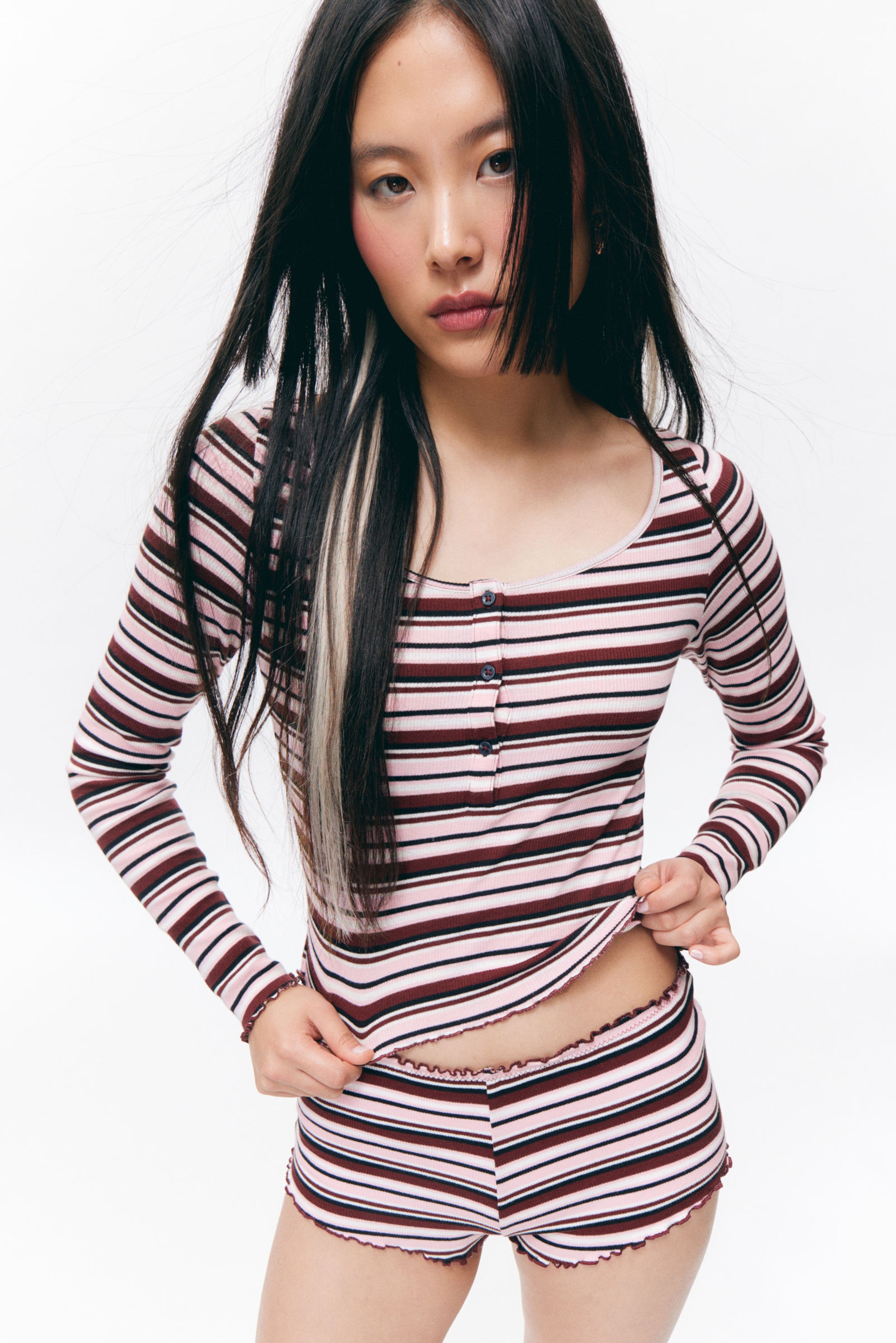 Dark Red & Pink Stripe - Ribbed Mini Henley Top - 2
