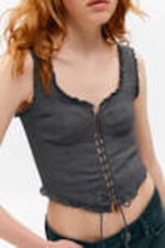 Dark Grey - Frilled Lace-Up Corset Top - 1