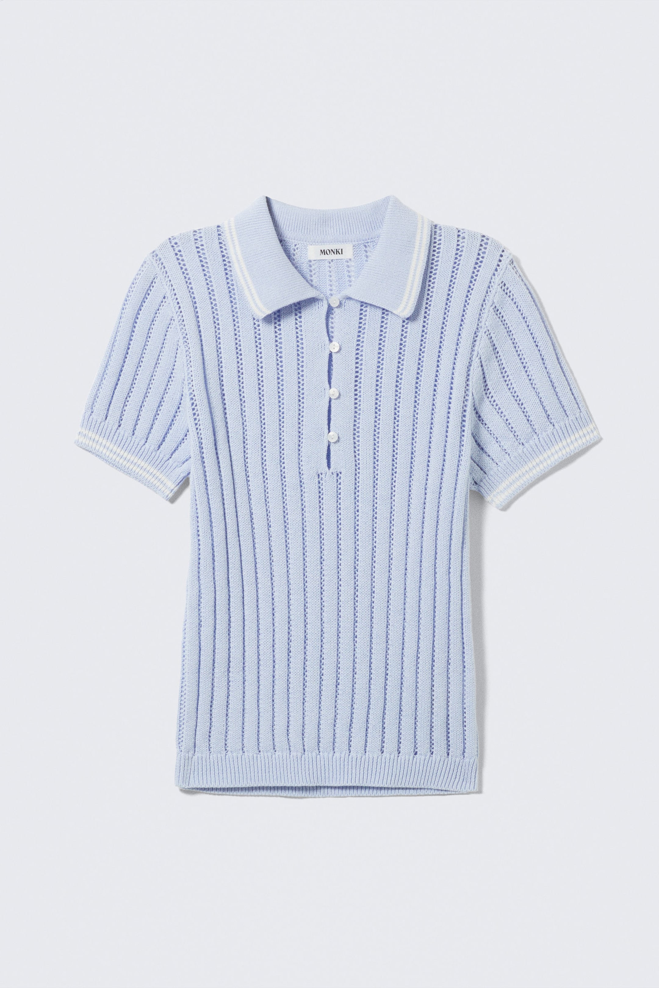 Light Blue - White Stripes - Knitted Short-Sleeved Cotton Polo Top - 4