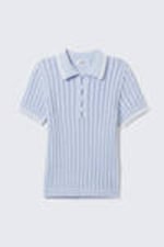 Light Blue - White Stripes - Knitted Short-Sleeved Cotton Polo Top - 4
