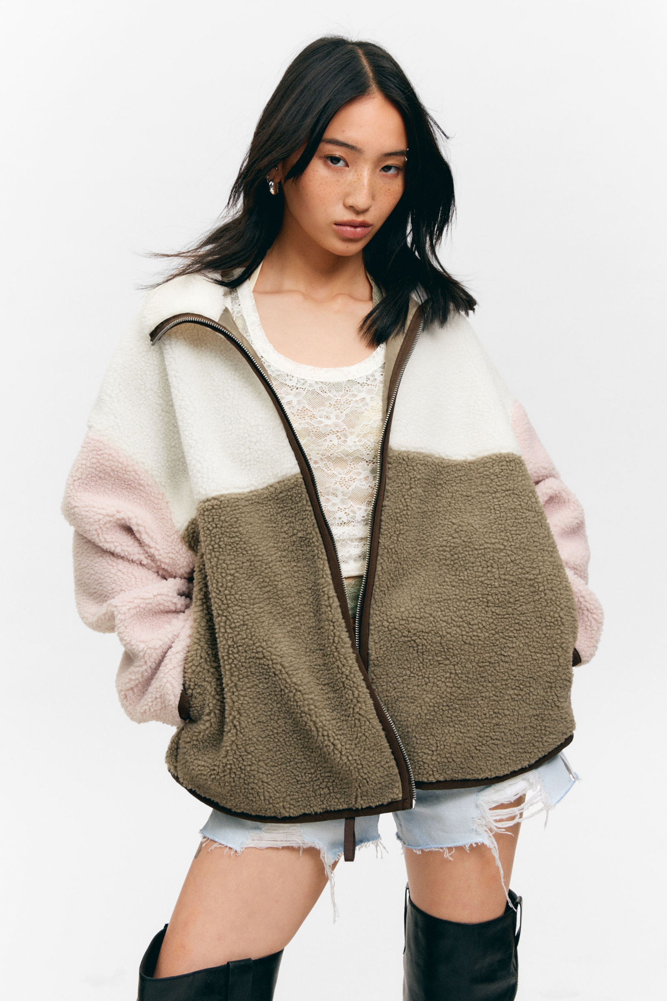 White/Khaki/Pink - Loose Fleece Zip Jacket - 2