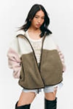 White/Khaki/Pink - Loose Fleece Zip Jacket - 2
