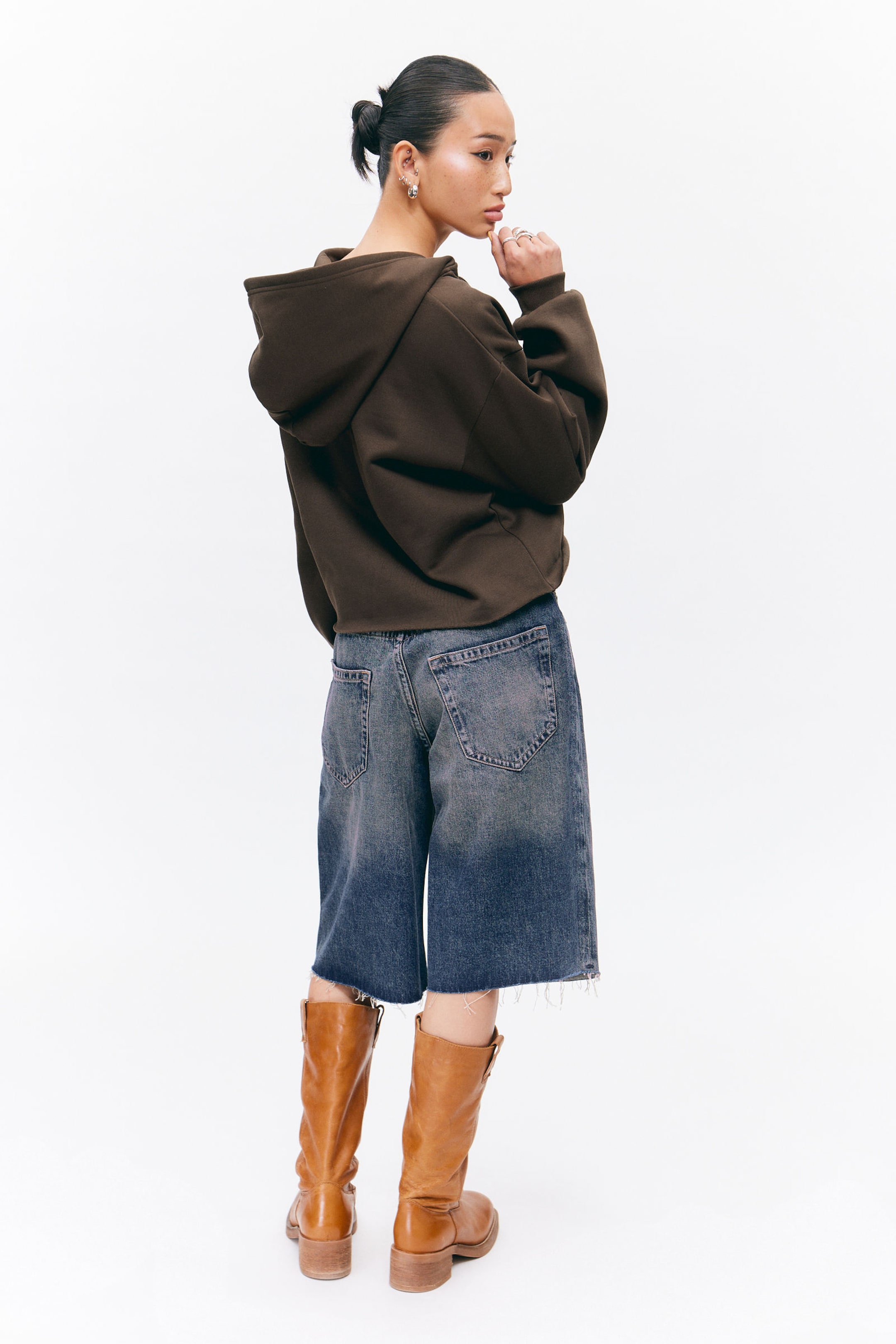 Dark Brown - Cropped Lace-up Hoodie - 2