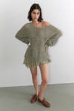 Khaki Green - Loose Open-Knit Side Slit Sweater - 0