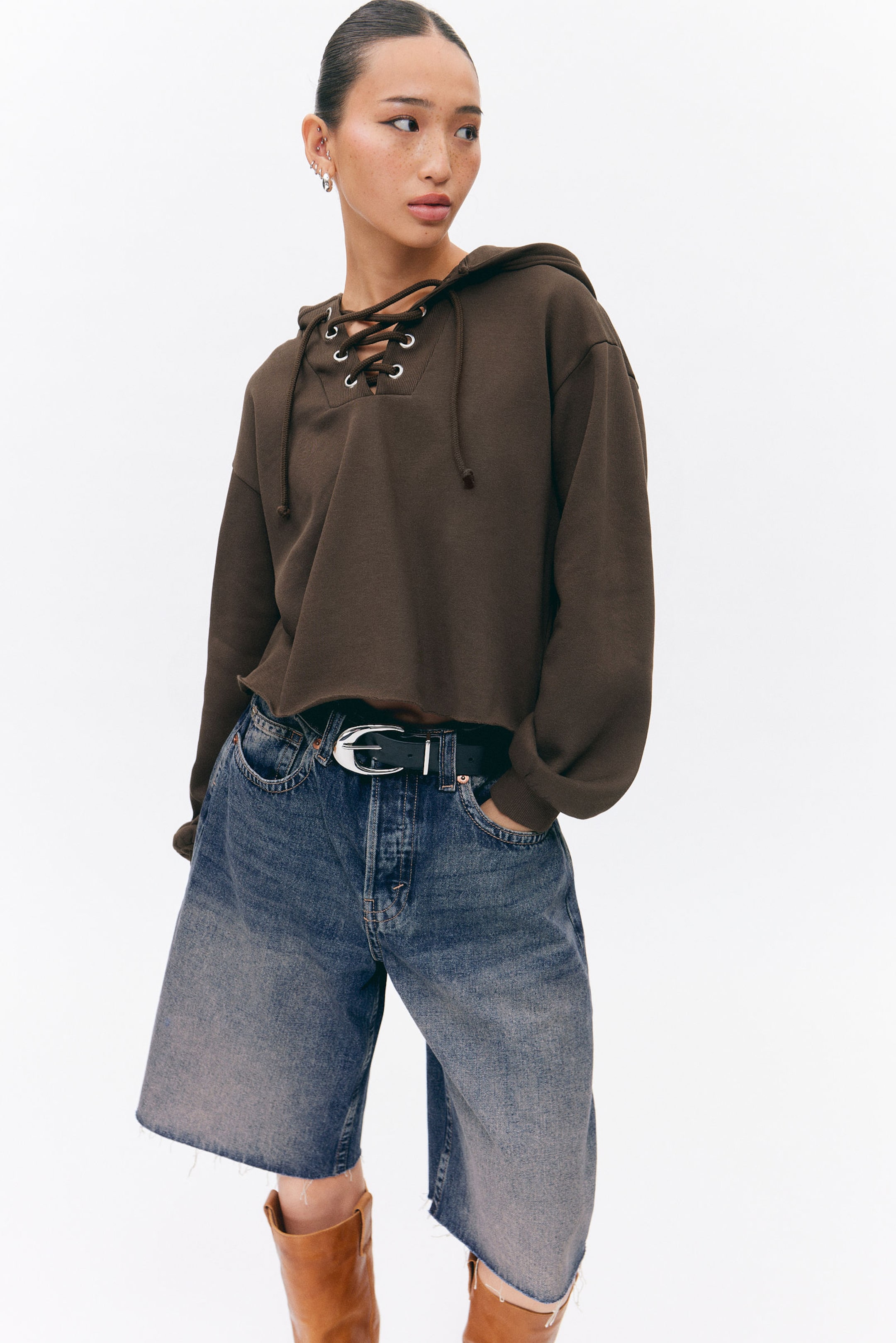 #443B33 - Cropped Lace-up Hoodie - 1