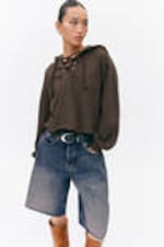 Dark Brown - Cropped Lace-up Hoodie - 0